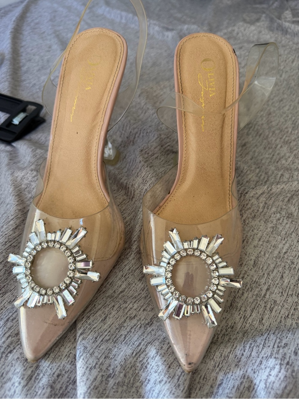 Crystal-Embellished Clear Nude Pointed Slingback Heels